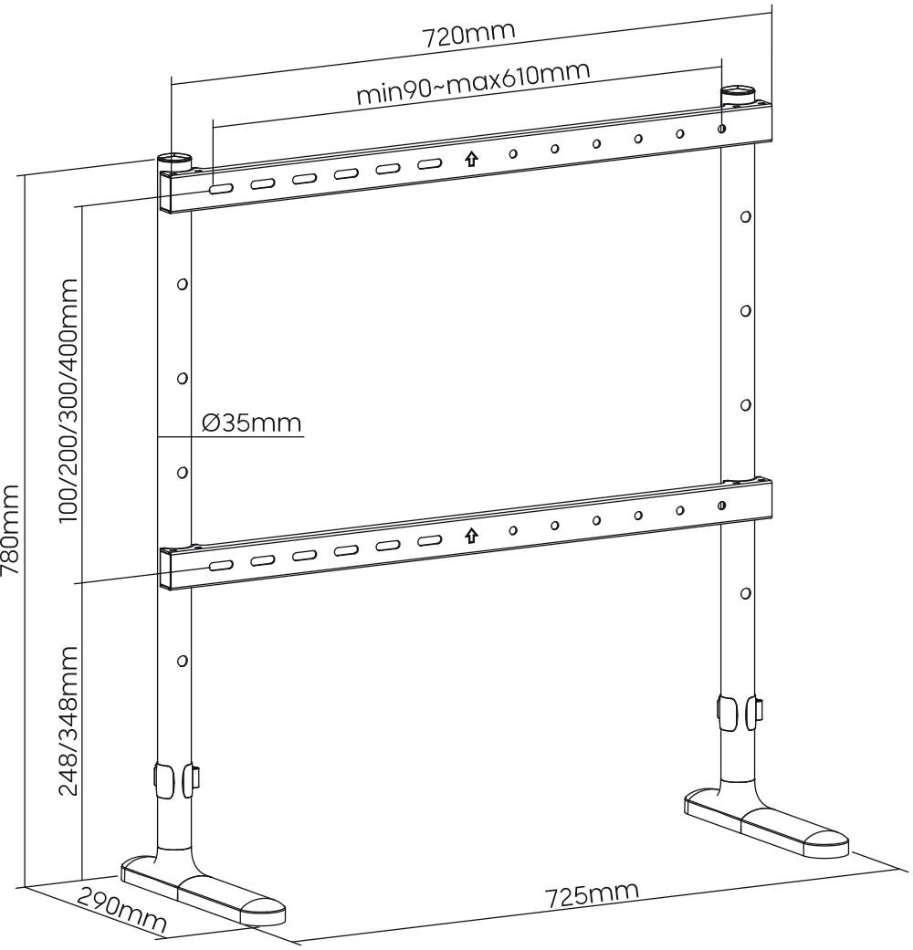 Technische Zeichnung eines verstellbaren Tischgestells. Maße: Breite 720mm, Höhe 780mm, Tiefe 290mm. Höhenverstellbar 248-348mm.