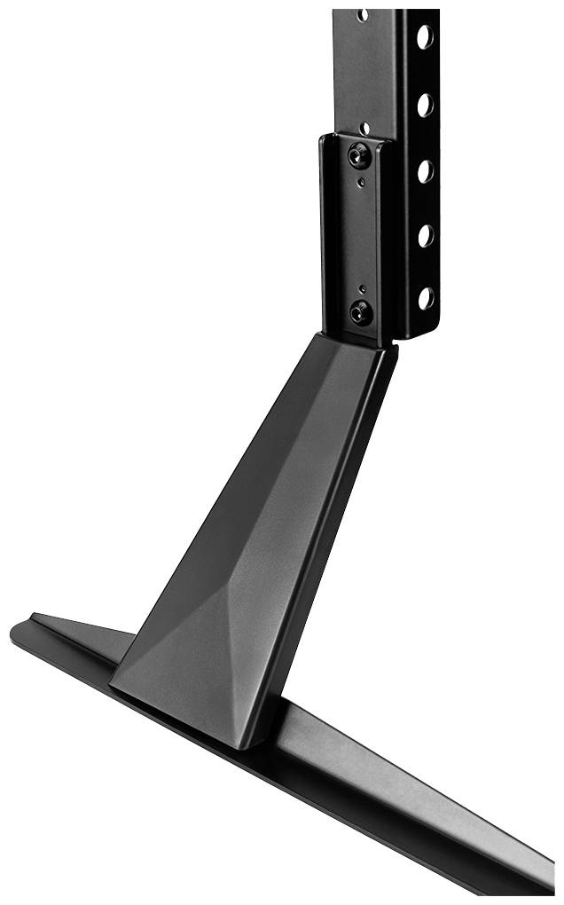 Schwarze, dreieckige TV-Stütze mit vertikalem Metallhalter, Schrauben sichtbar.