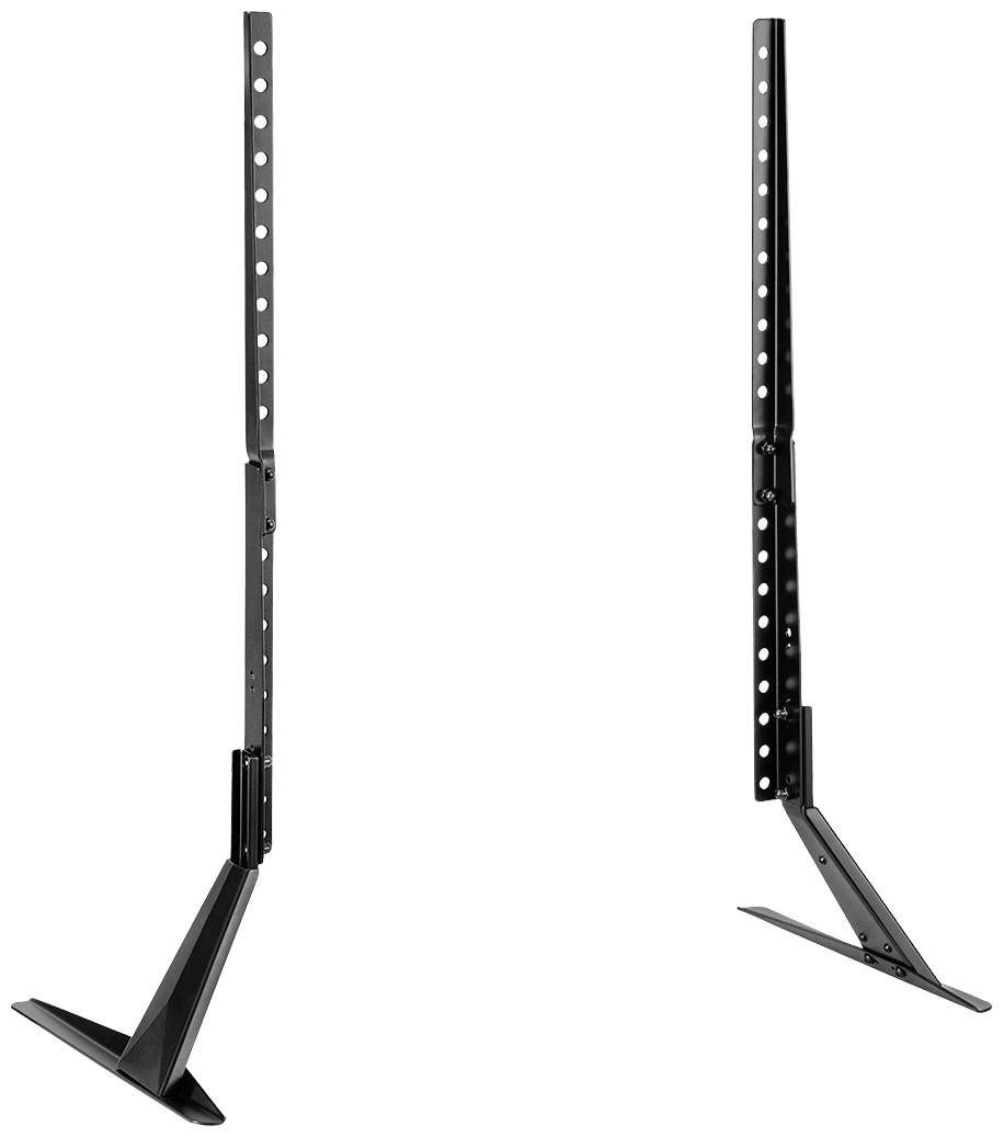 Zwei schwarze Metallständer mit gestuften Löchern zur Höhenverstellung stehen aufrecht. Sie dienen zur Unterstützung oder Befestigung.