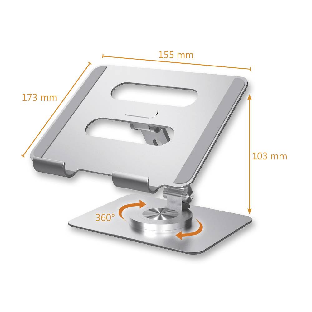 Laptop-Ständer aus silbernem Metall, zeigt Abmessungen: 155 mm Breite, 173 mm Höhe, 103 mm Tiefe, drehbar um 360 Grad.