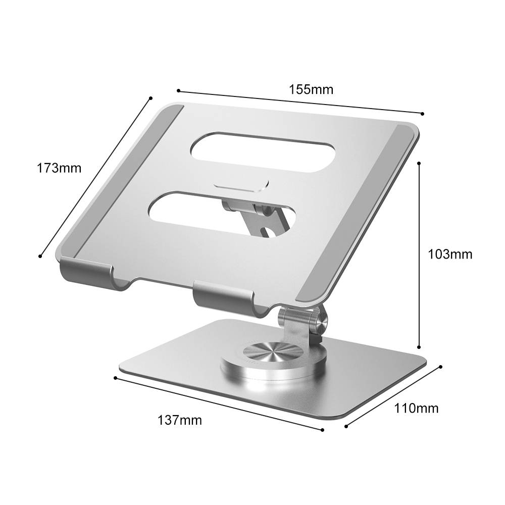 Ein silberner Laptop-Ständer mit den Maßen: Breite 155 mm, Höhe 173 mm, Tiefe 137 mm, Basis 110 mm x 137 mm, verstellbare Halterung.
