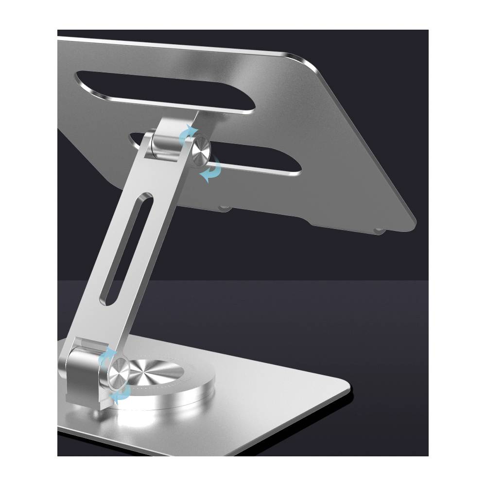 Metallener Laptop-Ständer mit verstellbarem Winkel, zeigt Gelenke für Neigungseinstellungen. Geeignet zum ergonomischen Arbeiten.
