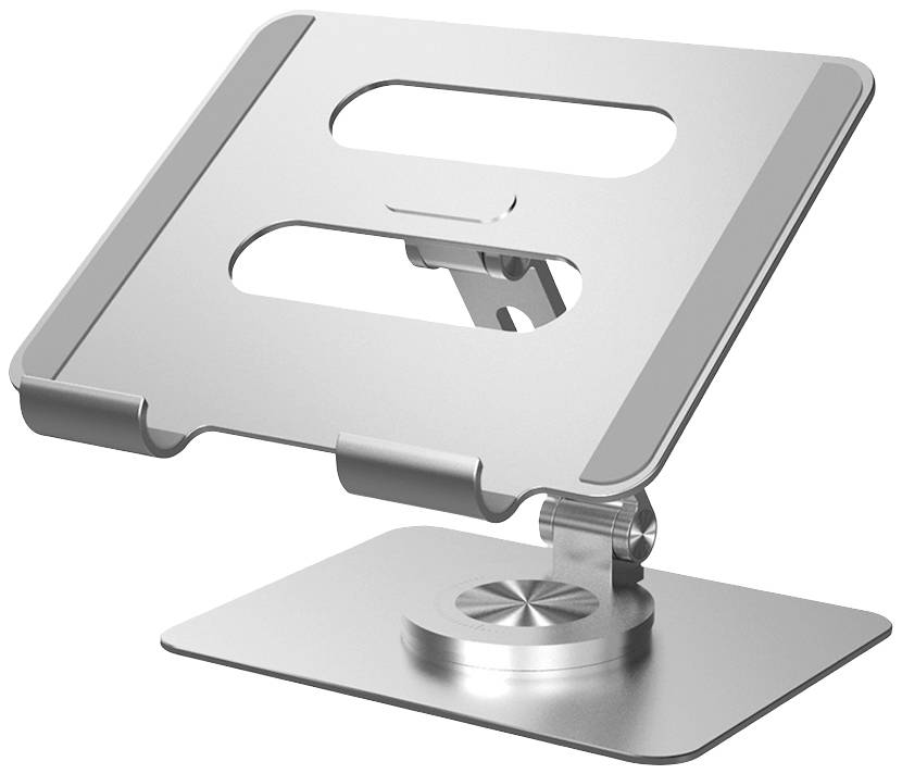 Laptopständer aus Metall mit verstellbarem Neigungswinkel und Belüftungsschlitzen zur besseren Luftzirkulation.