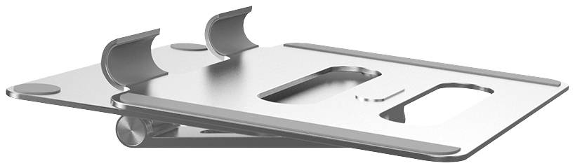 Ein silberner, metallischer Laptop-Ständer mit verstellbarer Neigung und rutschfesten Gummifüßen.