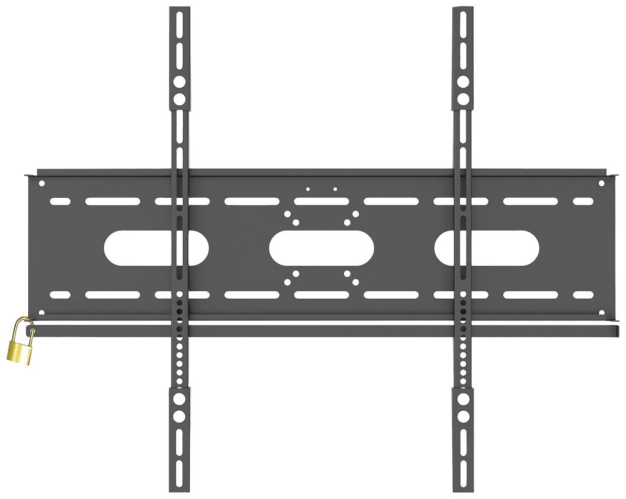 Eine schwarze TV-Wandhalterung mit Quer- und Längsschienen, links unten mit einem kleinen Vorhängeschloss gesichert.