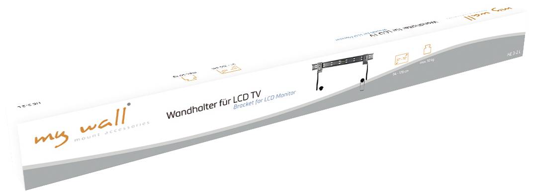 Schmale, lange Packung für 'my wall' TV-Wandhalterung. Enthält Halterung für LCD-Fernseher bis 107 cm. Produktabbildung und Name auf der Vorderseite.