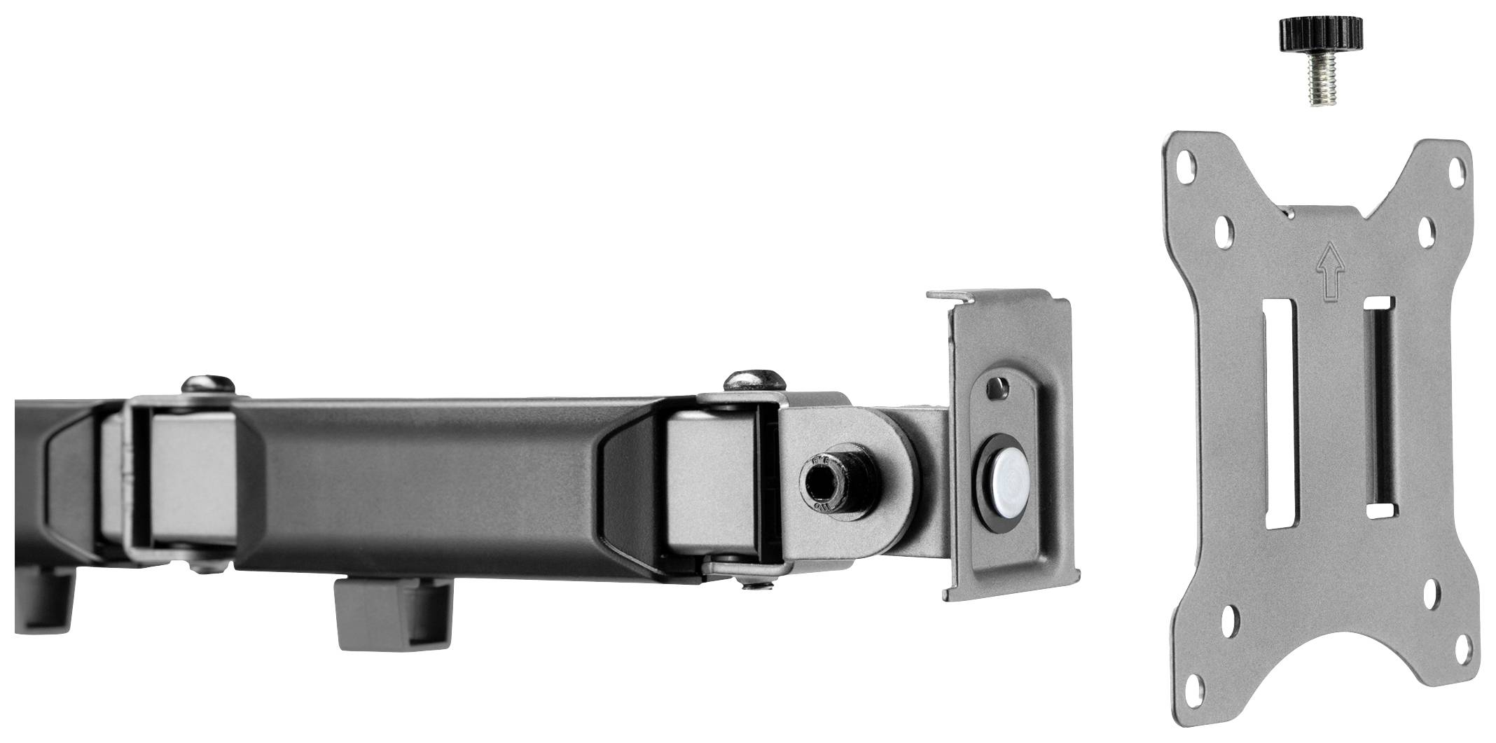 Montagehalterung für Flachbildschirme, bestehend aus schwarzem Halterungsarm und separater silberner Platte mit Schraube.