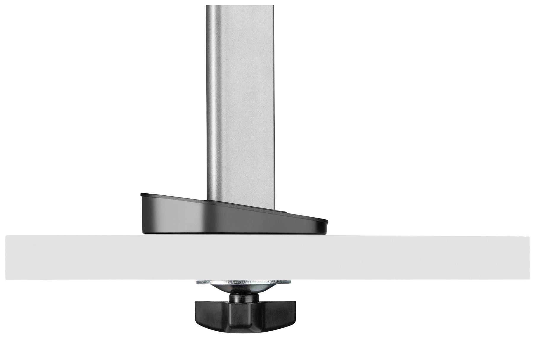 Ein Tischklemmsystem befestigt an einer Tischplatte. Eine Haltestange ist senkrecht montiert, gesichert mit einem schwarzem Griff.