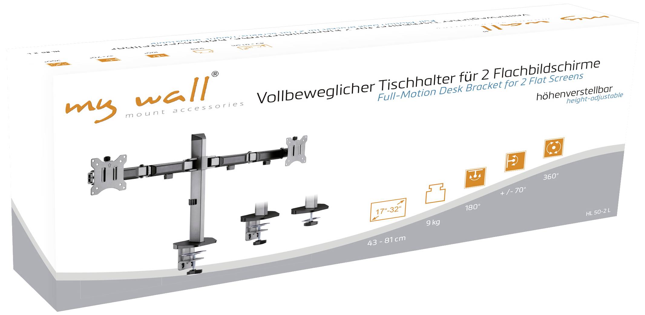 Verpackung für einen vollbeweglichen Tischhalter für zwei Flachbildschirme, mit Höhenverstellbarkeit und rotierenden Halterungen.