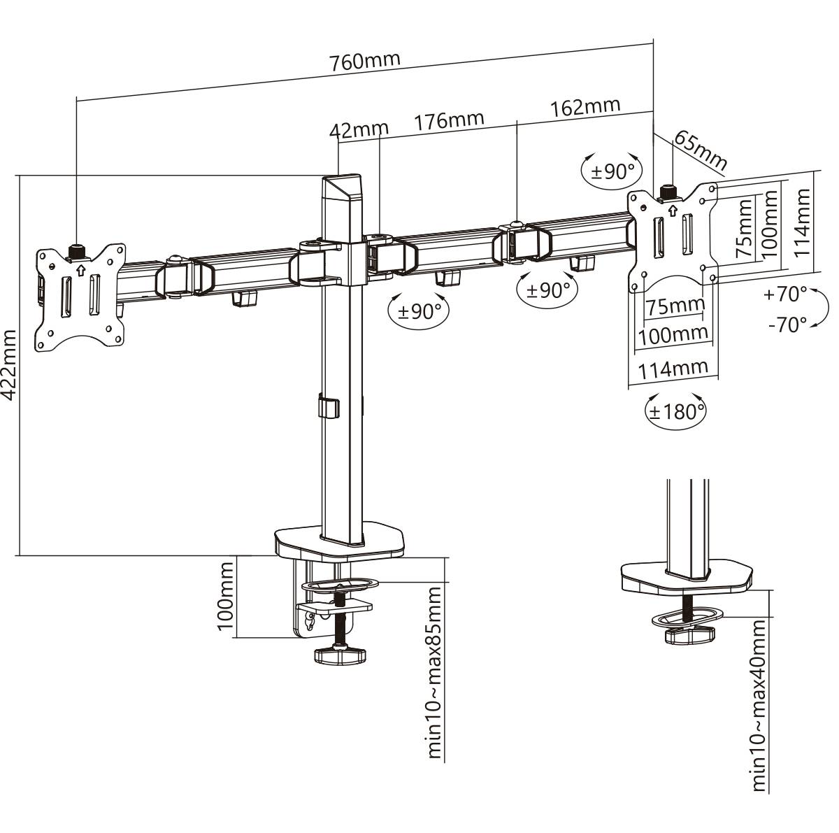 Technische Zeichnung eines Dual-Monitor-Arms. Maße und Bewegungswinkel sind abgebildet, einschließlich Höhe, Breite und Rotationsbereiche.