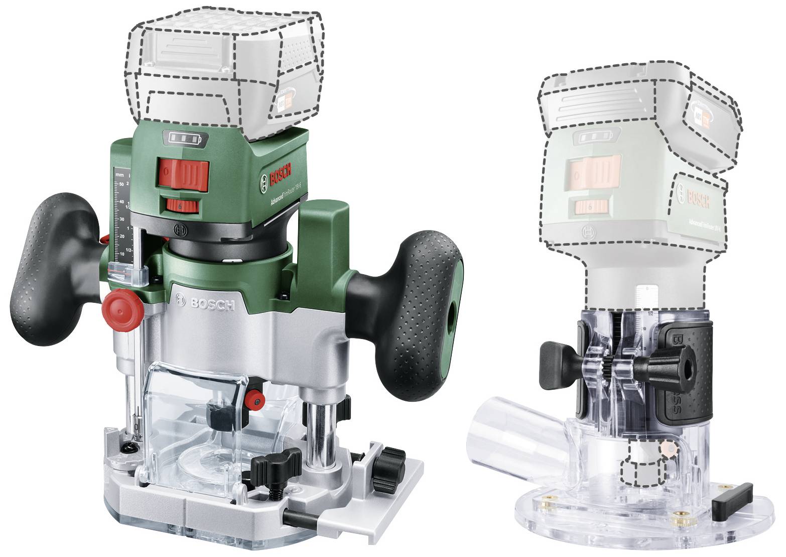 Zwei elektrische Oberfräsen mit ergonomischen Griffen und transparenten Basen, die Präzision bei Holzarbeiten unterstützen.
