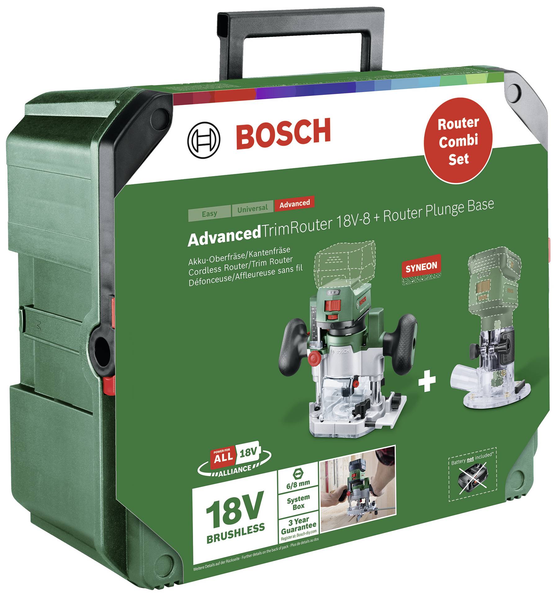 Grüner Koffer mit Bosch-Logo, enthält einen Akku-Oberfräserset mit 18V AdvancedTrimRouter und Zubehör.