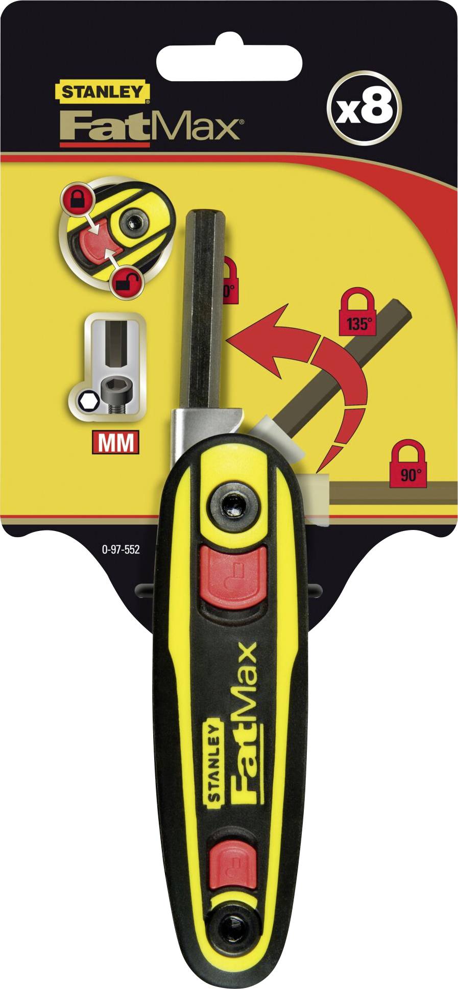 Das Bild zeigt ein Stanley FatMax Schraubendreher-Set. Es bietet 8 Funktionen mit einstellbarem Kopfwinkel, ideal für verschiedene Schraubanforderungen.