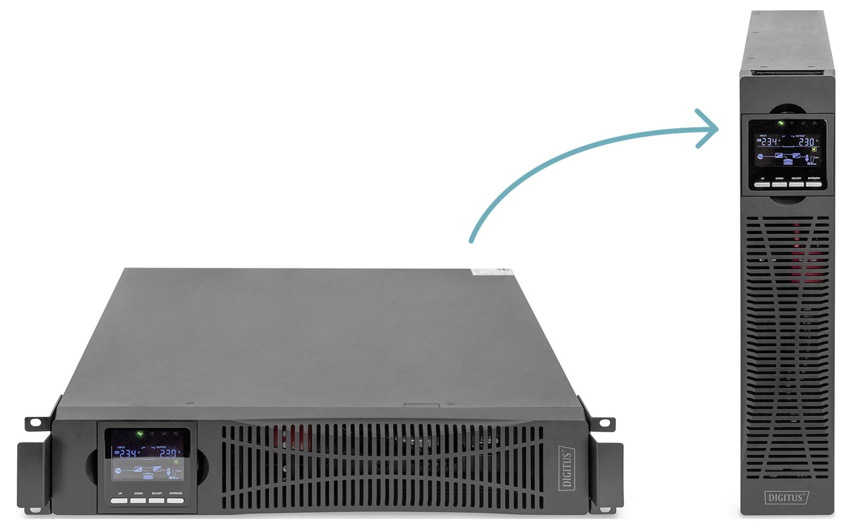 Ein schwarzer Netzwerkserver liegt flach und ist rechtsseitig in einer vertikalen Position dargestellt, mit digitalem Display und Belüftungsgitter.