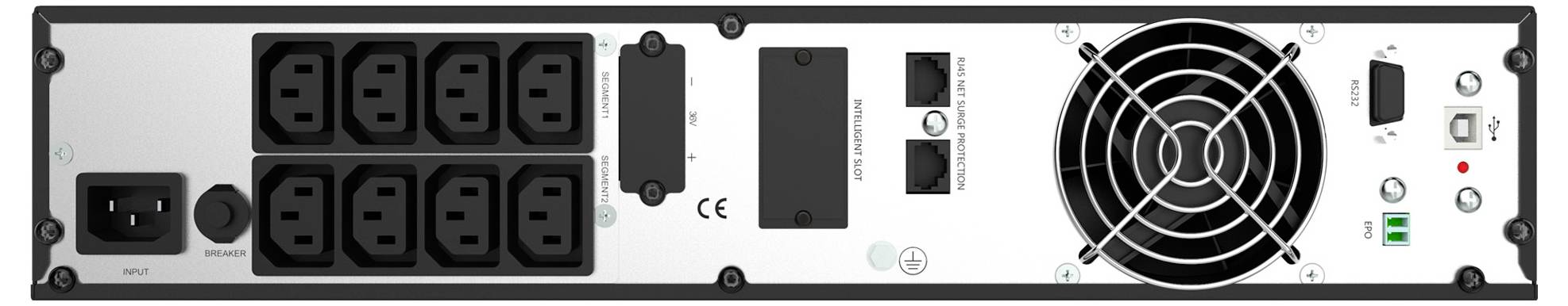 Rückseite eines elektronischen Geräts mit Lüfter, mehreren Steckdosen und Schaltern, geeignet zur Stromversorgung und Kühlung.