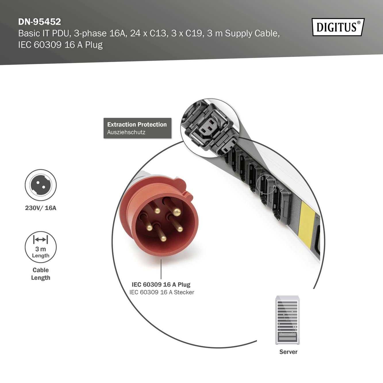 Digitus DN-95452 19 Zoll Netzwerkschrank-Steckdosenleiste 1 HE Kaltgeräte-Steckdose C13 10A, Kaltgeräte-Steckdose C19 16A
