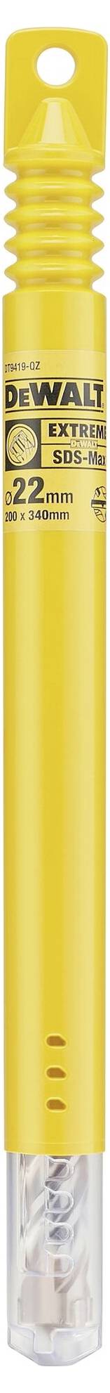 Eine gelbe Röhrenverpackung von DEWALT für Bohrer, Modellnummer EXTREME 2 HSS-G, Durchmesser 9,5 mm, enthält mehrere Bohrer.