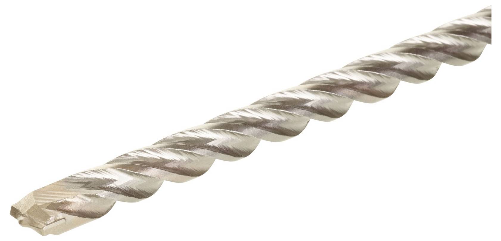 Bohrer mit spiraliger Schneide für Beton oder Mauerwerk, zeigt die Struktur und Spitze. Hilfreich für bauliche Arbeiten.