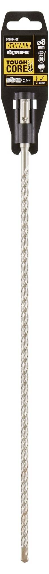 Ein langer Bohrer mit schwarzem Griff, beschriftet 'DeWALT Extreme'. Spiralförmiges Design und zur Verwendung in Bohrmaschinen geeignet.