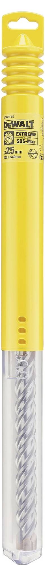 Gelber Bohrer von DEWALT in Plastikverpackung mit spiraligem Metallbohrer im Inneren, geeignet für Betonarbeiten.