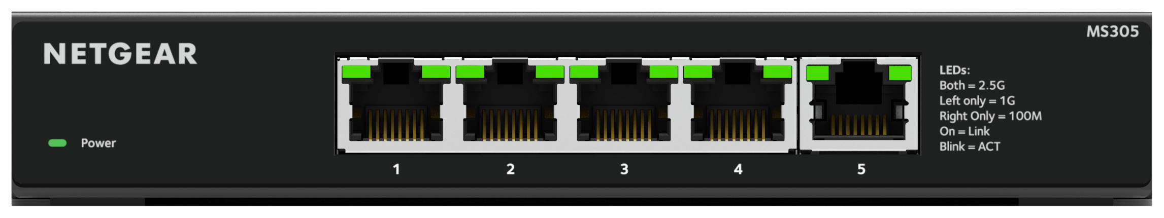 Netzwerk-Switch mit fünf Ethernet-Ports, Modellname 'Netgear MS305'. Jede Port-LED zeigt den Verbindungsstatus an.