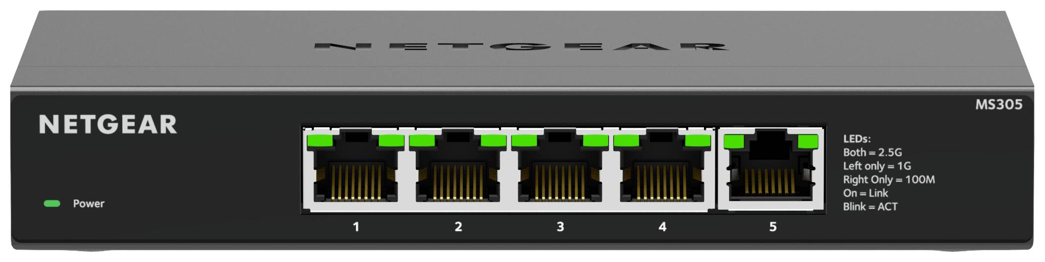 'NETGEAR M5305 5-Port-Gigabit-Switch' in Schwarz mit fünf Ethernet-Ports, geeignet für Netzwerkerweiterungen und schnelle Datenübertragung.