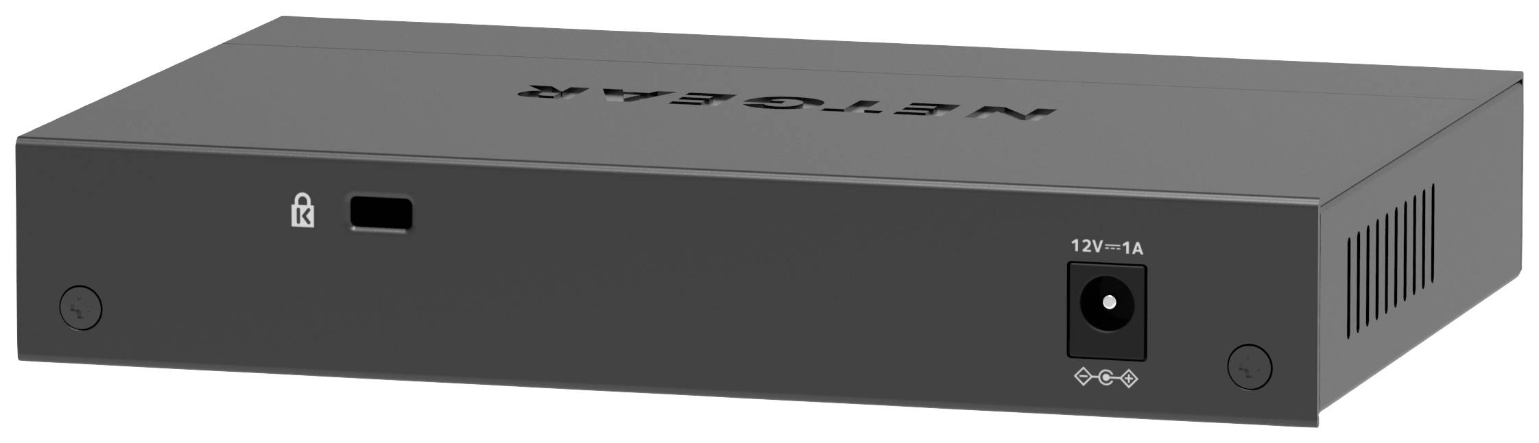 Schwarzes rechteckiges elektronisches Gerät mit Netgear-Logo auf der Oberseite, einem Netzteilanschluss und einem Schloss-Symbol.