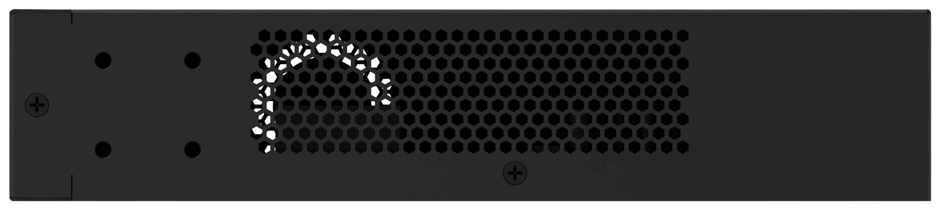 Schwarzes rechteckiges Gerät mit Lüftungsgitter und Schrauben an den Ecken, vermutlich ein technisches Gerät oder Serverkomponente.