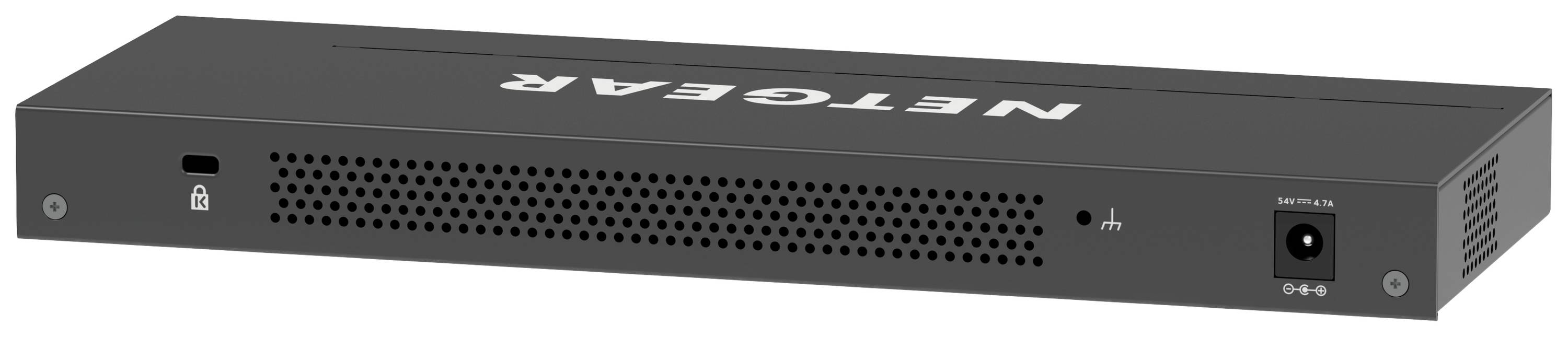 Ein schwarzer Netzwerk-Router mit dem Schriftzug 'NETGEAR' oben. Vorderseite zeigt Lüftungsschlitze, Anschlüsse und LEDs.