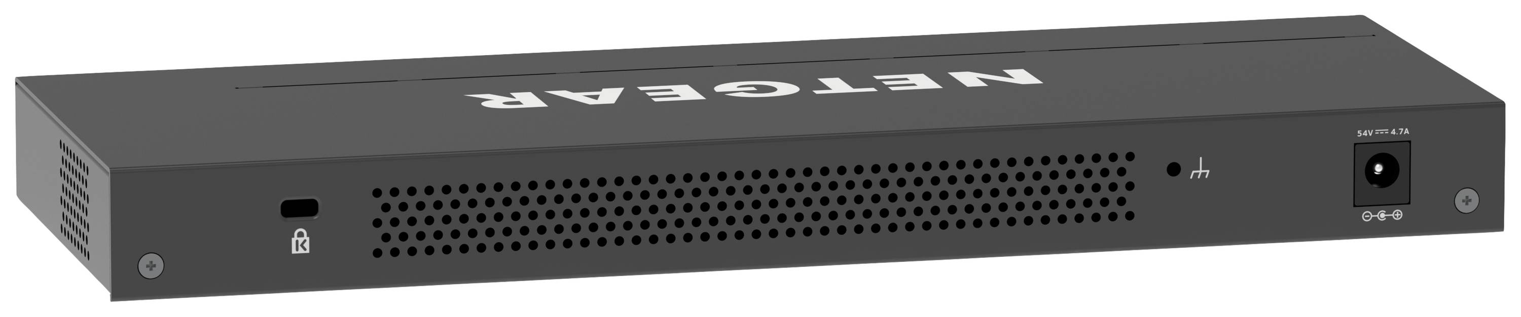 Schwarzes NETGEAR-Netzwerkgerät mit Lüftungsschlitzen und Netzanschluss. Flaches, rechteckiges Design.