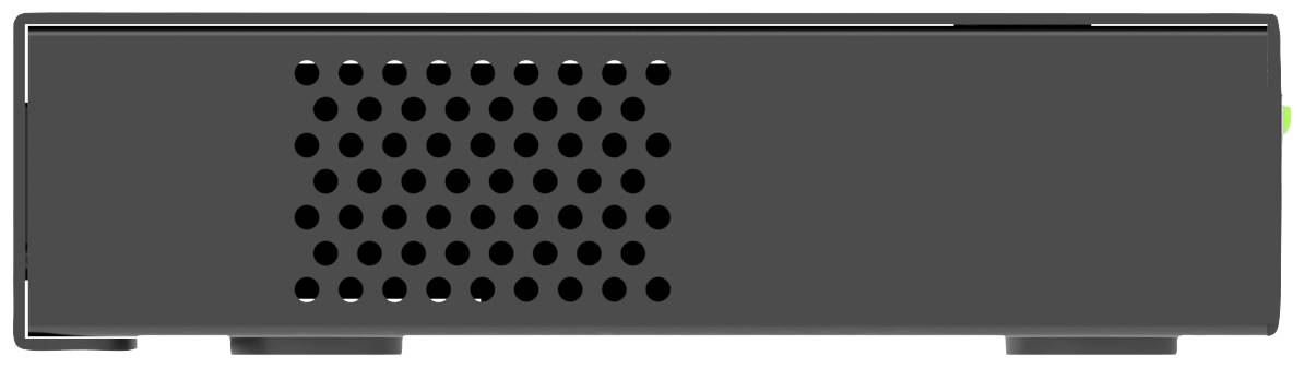 Eine schwarze Box mit Belüftungslöchern auf der Vorderseite, wahrscheinlich ein elektronisches Gerät wie ein Receiver oder Router.