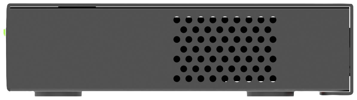 Ein schwarzes elektronisches Gerät in rechteckiger Form mit Lüftungsschlitzen auf der rechten Seite.