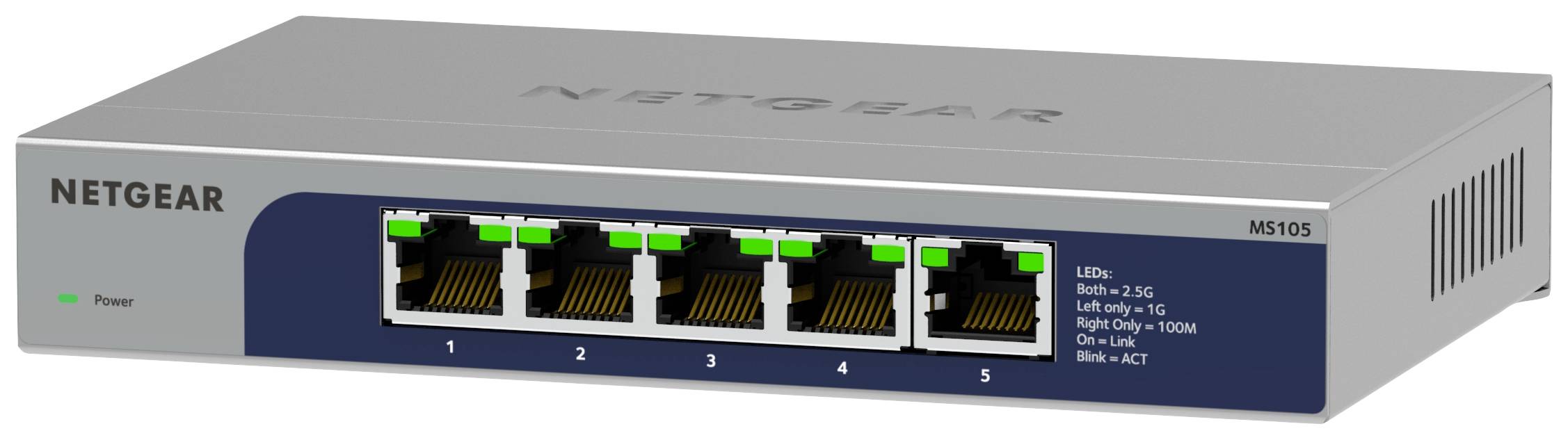 Ein grauer NETGEAR-Switch mit fünf Ethernet-Ports, alle Ports zeigen grüne Aktivitätsleuchten.
