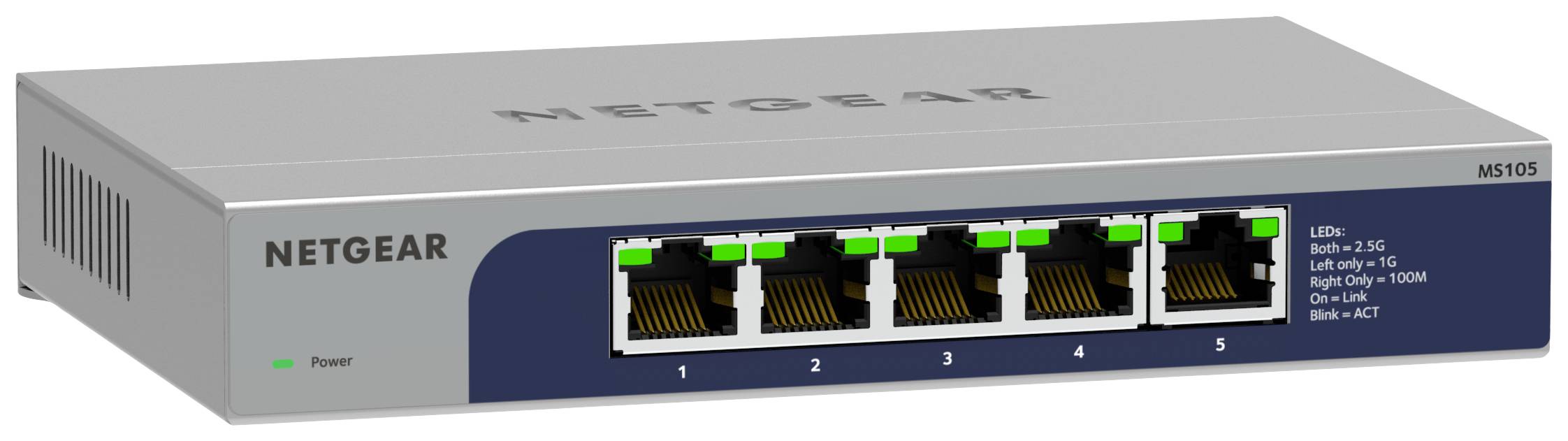 Netzwerk-Switch von Netgear mit fünf Ethernet-Ports. LEDs auf der Vorderseite zeigen den Status an. Modellnummer: MS105.