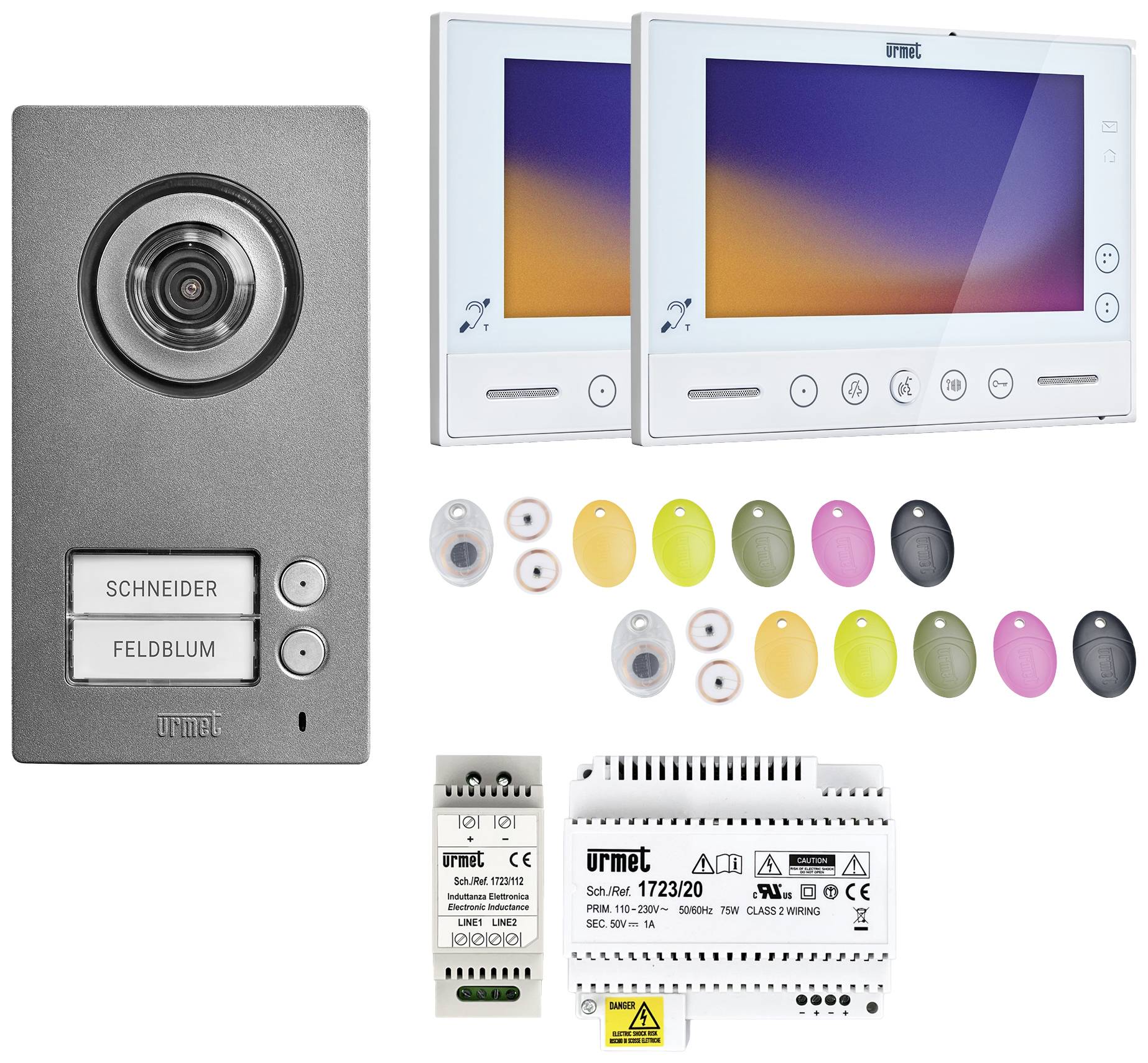 Sprechanlage-Set mit Außenkamera und zwei Innenmonitoren zur Videoüberwachung. Farbige Schlüsselanhänger und Transformator inklusive.