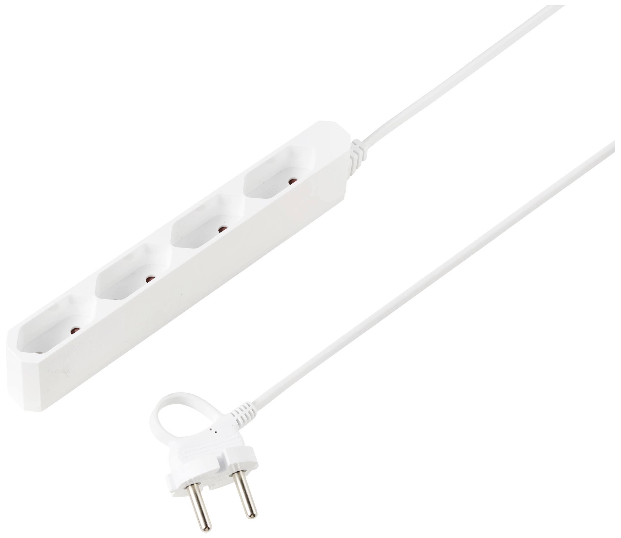 Weiße Mehrfachsteckdose mit drei Steckplätzen und einem weißen Kabel, das zu einem Eurostecker führt.