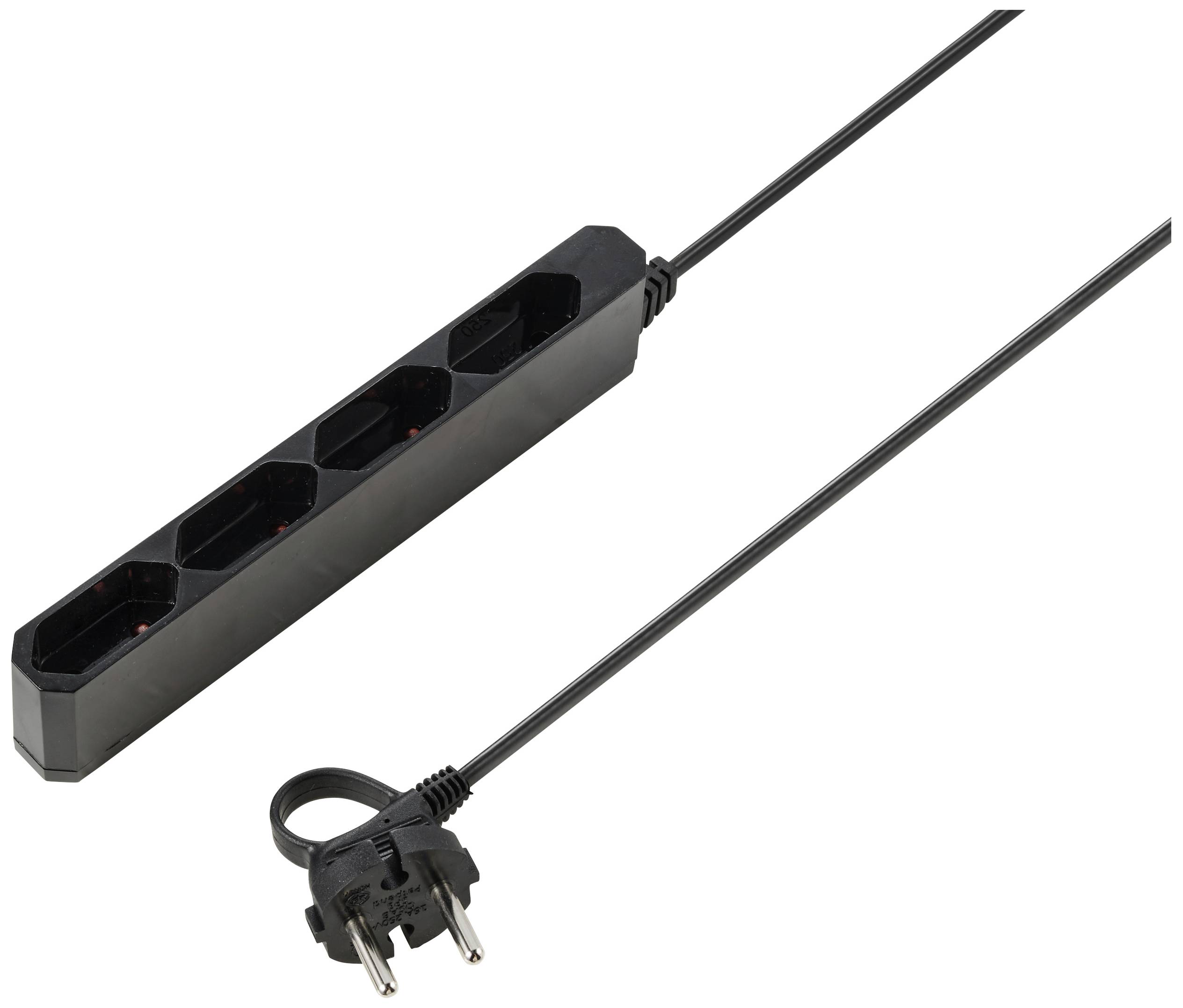 Ein schwarzes Verlängerungskabel mit vier Steckdosen und einem Stecker am langen Kabel angeschlossen.