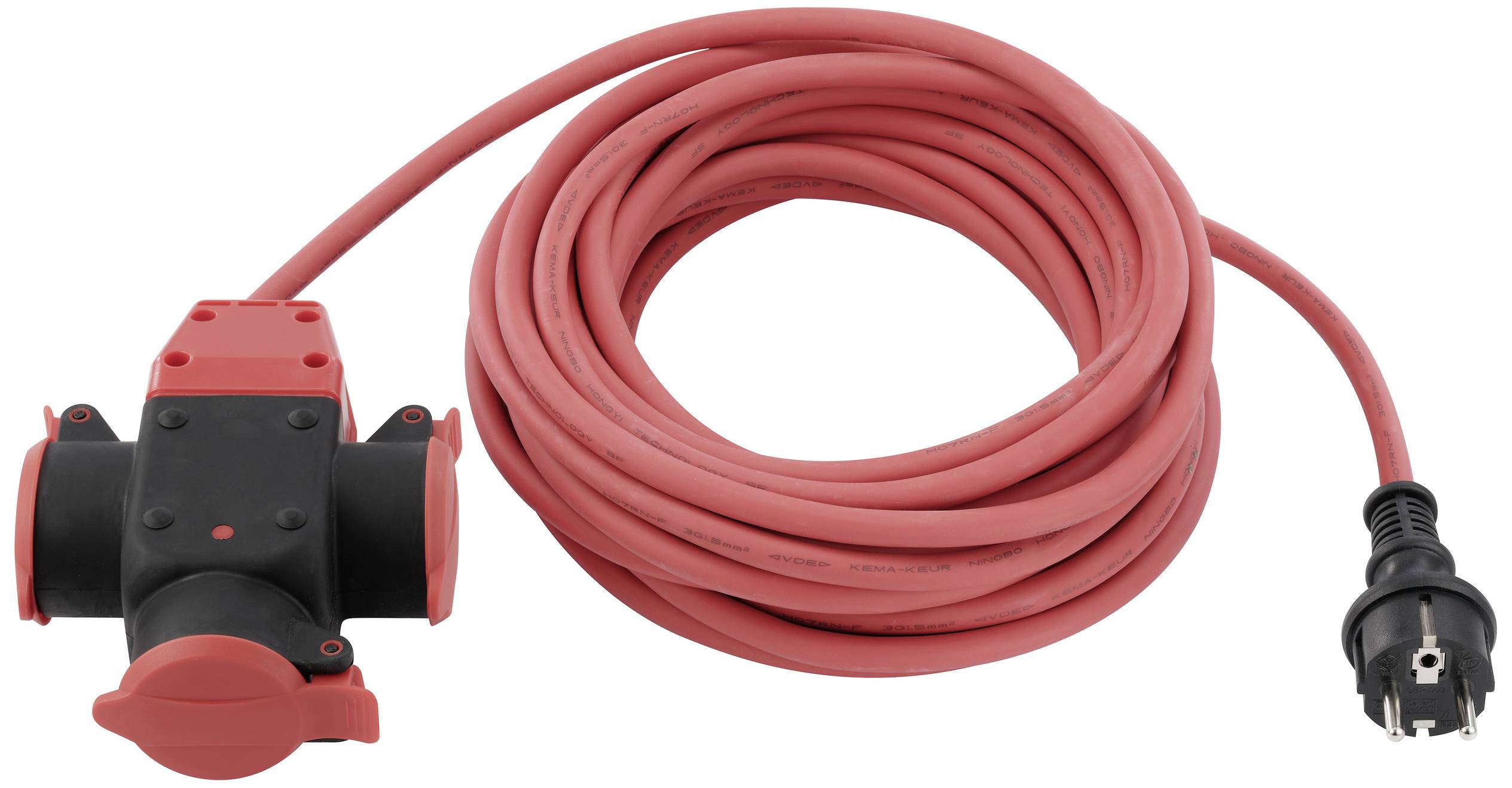 Rotes Verlängerungskabel mit Mehrfachsteckdose und Stecker. Geeignet für den Einsatz im Innen- oder Außenbereich zur Stromversorgung.