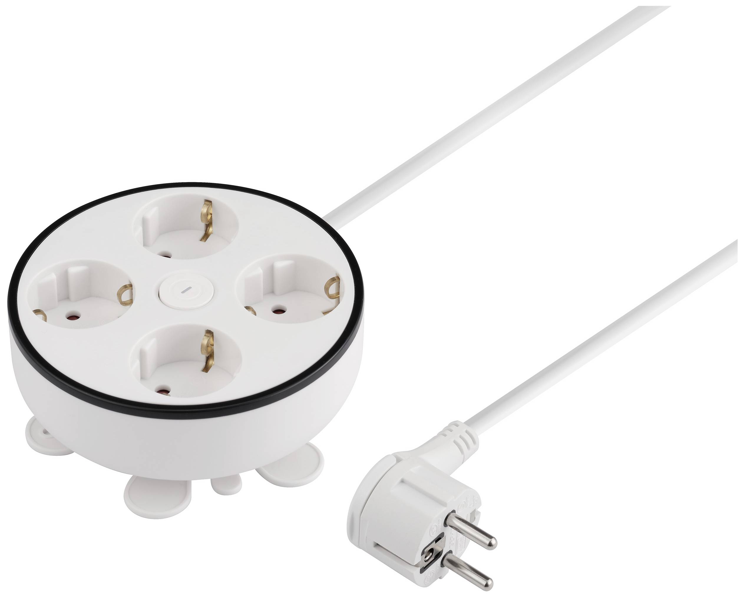 Eine runde, weiße Mehrfachsteckdose mit vier Steckplätzen und einem angeschlossenen Netzkabel. Geeignet für EU-Stecker.