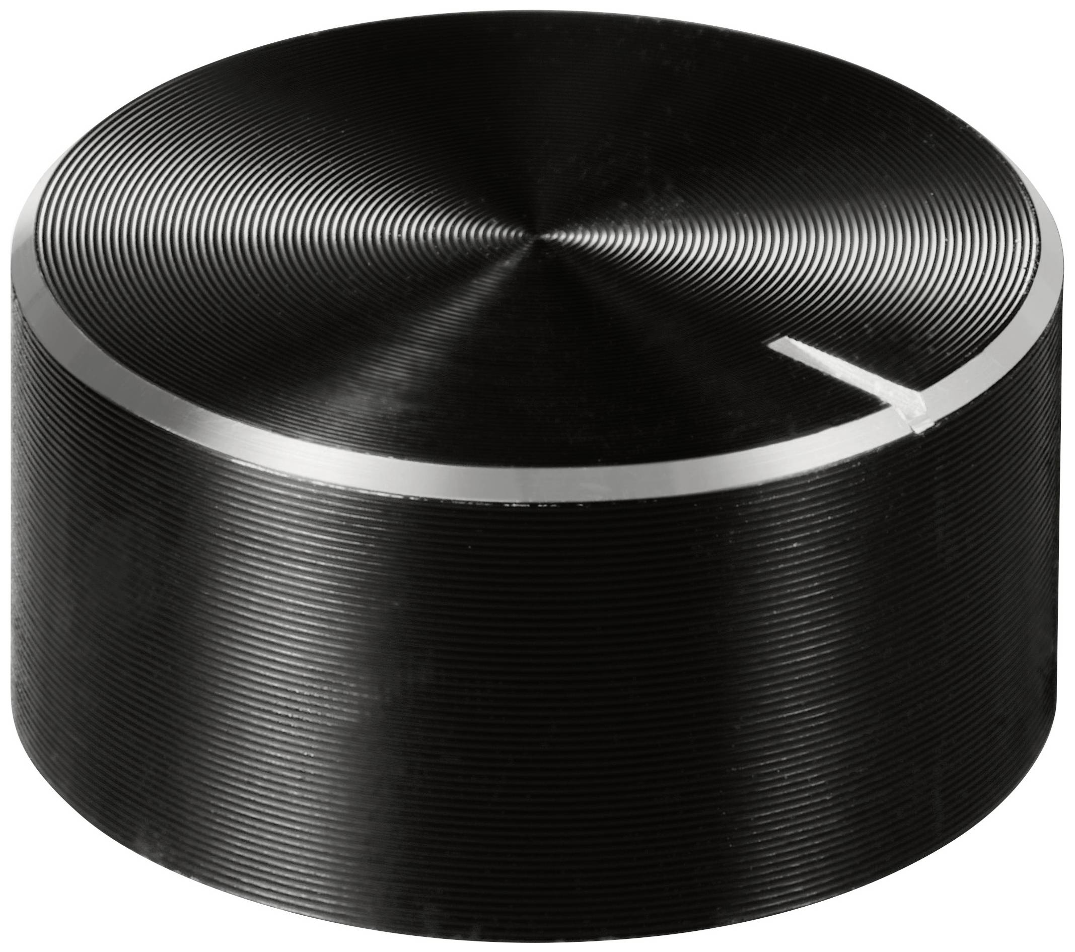 Schwarzer, zylindrischer Drehknopf mit geriffelter Oberfläche und schlitzartiger Markierung oben, oft zur Lautstärkeregelung verwendet.
