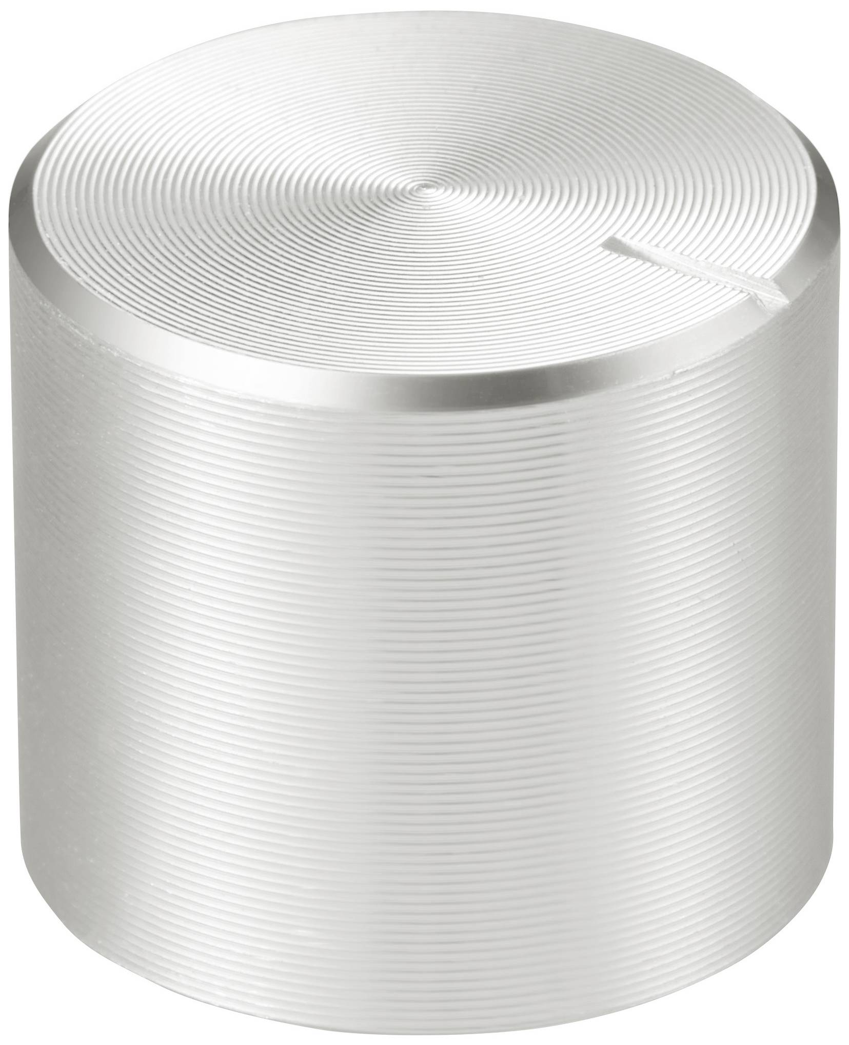 Zylindrischer Aluminiumknopf mit Rillenstruktur und Einkerbung oben, geeignet zur Steuerung elektronischer Geräte.