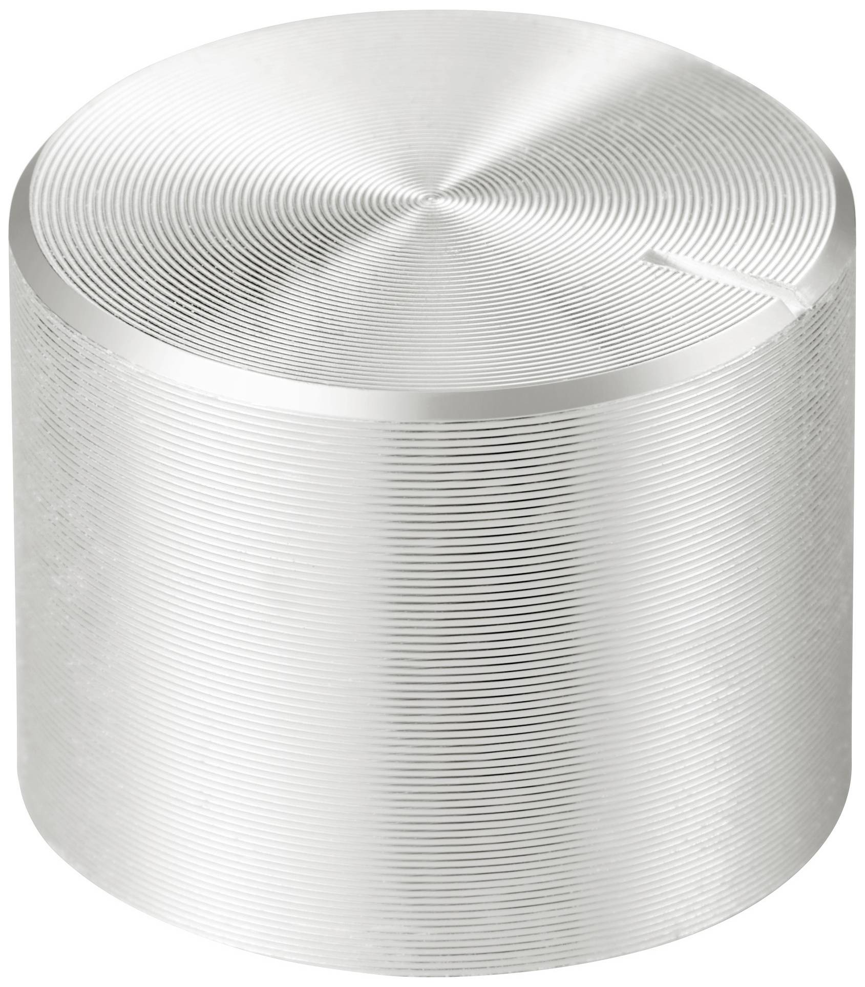 Zylindrischer Metallknauf mit feiner, kreisförmiger Riffelstruktur.
