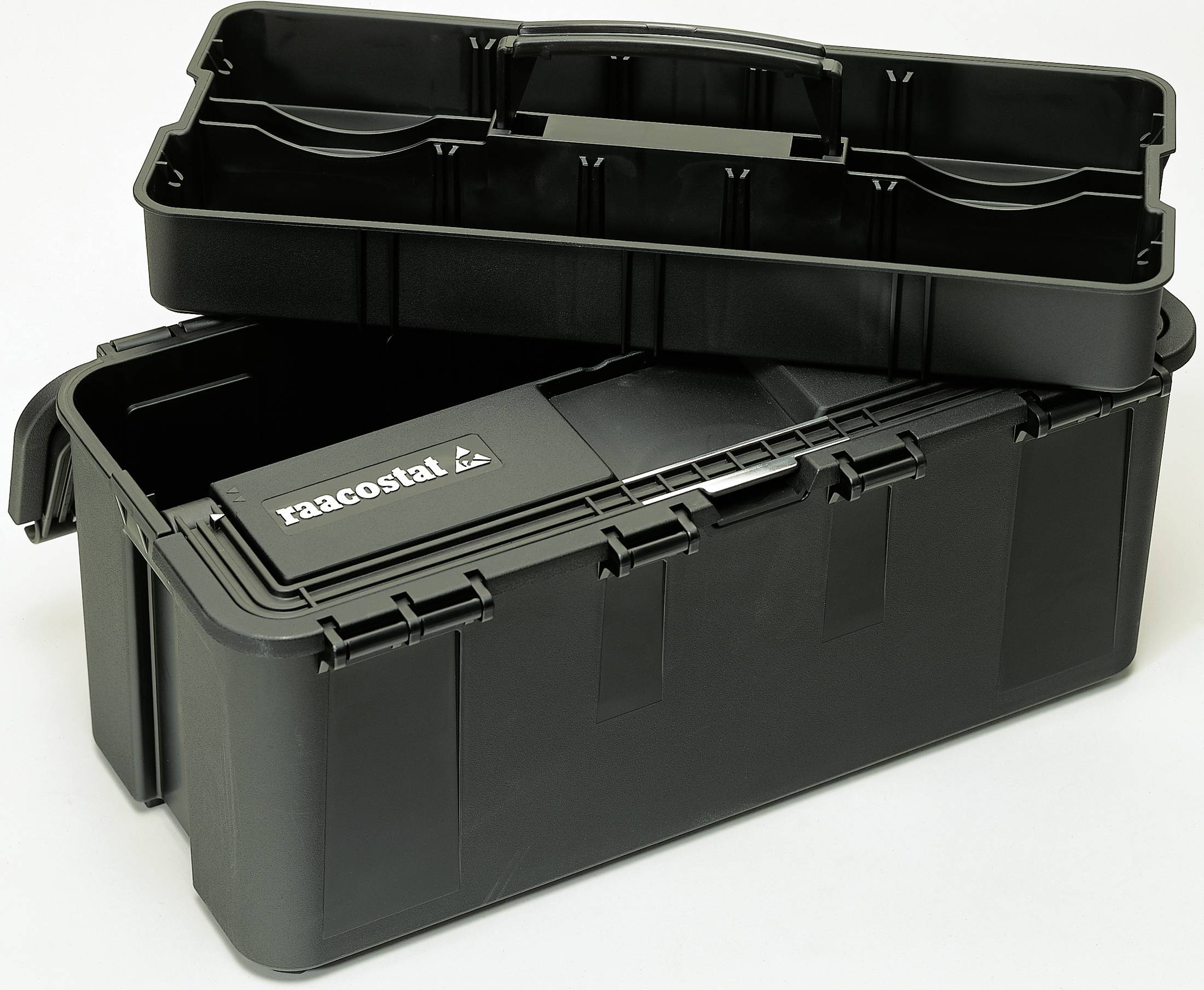 Schwarze Kunststoffbox mit offenem Deckel und Griff. Aufschrift 'racostat' sichtbar.