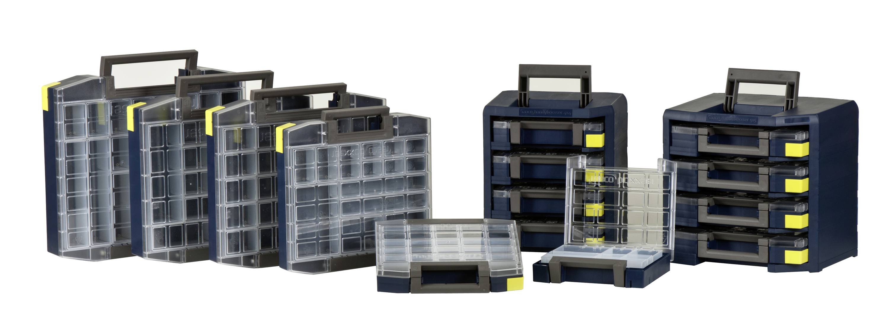 Mehrere schwarze und gelbe Aufbewahrungsboxen mit transparenten Deckeln, ideal zum Organisieren von Kleinteilen.