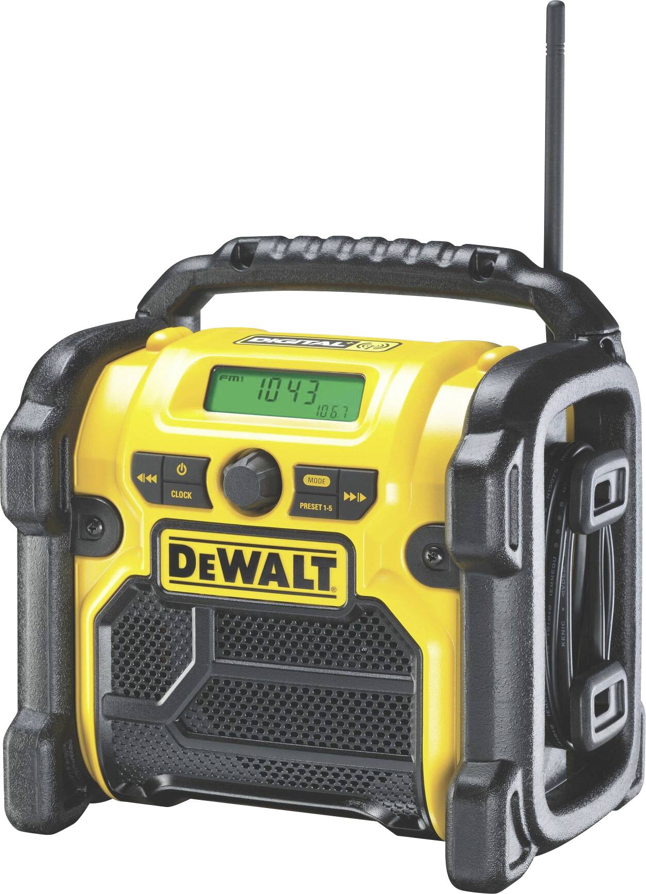 Ein tragbares, robustes gelbes Baustellenradio mit integrierter Antenne und digitalem Display. Zeigt das Logo 'Dewalt'.