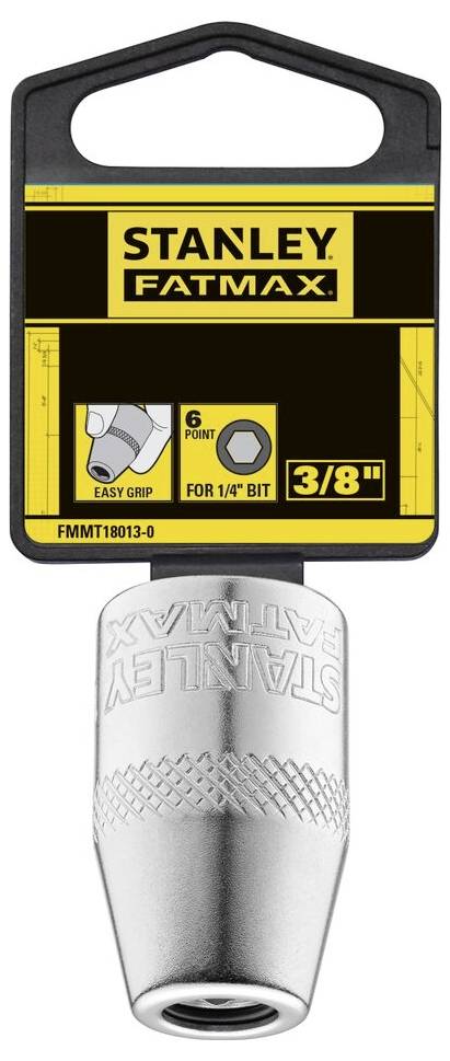 'STANLEY FATMAX' Stecknussadapter, 3/8 Zoll, mit Sechskantaufnahme und Easy-Grip-Design. Verpackung zeigt Produktdetails.