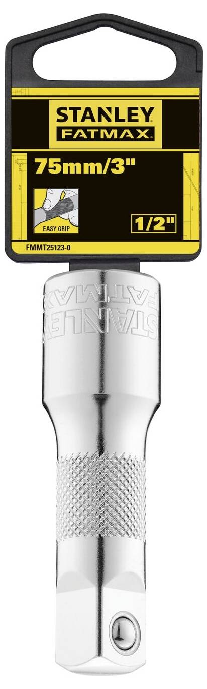 'Stanley FatMax' Verlängerungsstange 75 mm, 1/2 Zoll, mit rutschfestem Griff. Verpackung zeigt Markenname und Produktspezifikationen.