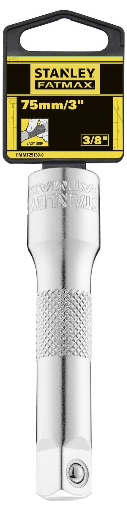Verlängerungsstange von Stanley FatMax, 75 mm Länge, 3/8 Zoll Anschluss. Verpackung zeigt Maße und Logo. Ideal für Werkzeuge.