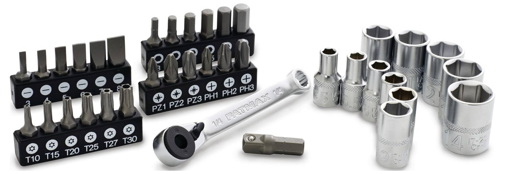 Steckschlüssel- und Bitsatz mit verschiedenen Größen und Formen, angeordnet auf einer Fläche; beinhaltet Kreuz- und Torx-Bits.