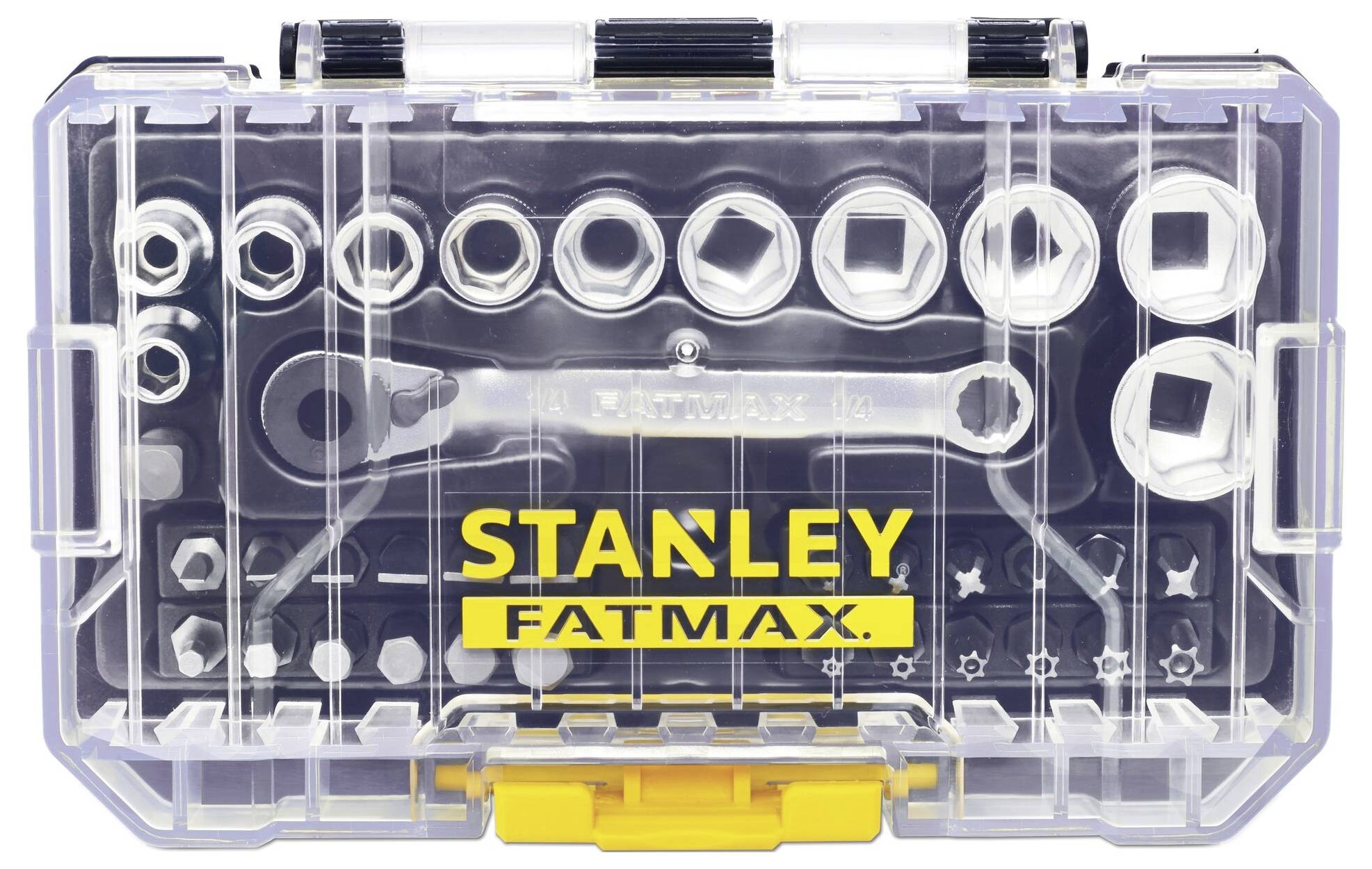 Transparente Kunststoffbox mit Stecknüssen und Bits, markiert mit 'Stanley Fatmax'.